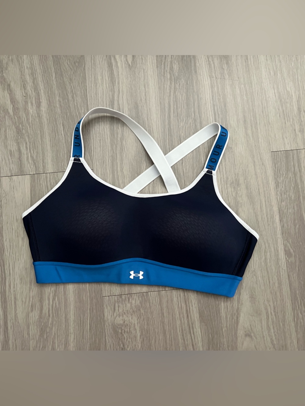Under Armour Sports Bra XL Navy Blue Crossback Medium Support Logo Band Athletic